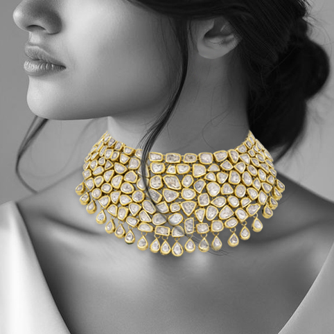 Regal Gold Choker Polki Cluster with Uncut Diamonds & Pear-Shaped Drops